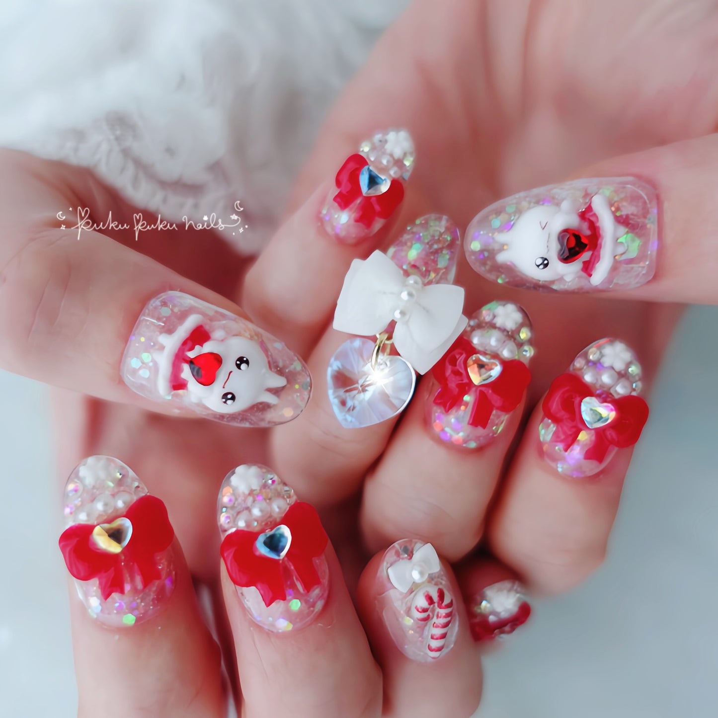 ⭐︎Christmas Limited Design⭐︎ Puku Puku Santa Bow Nails